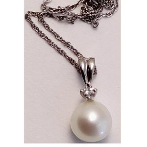 SOLD - 14k White Gold Cultured Pearl Diamond Pendant with 10k 18" Chain